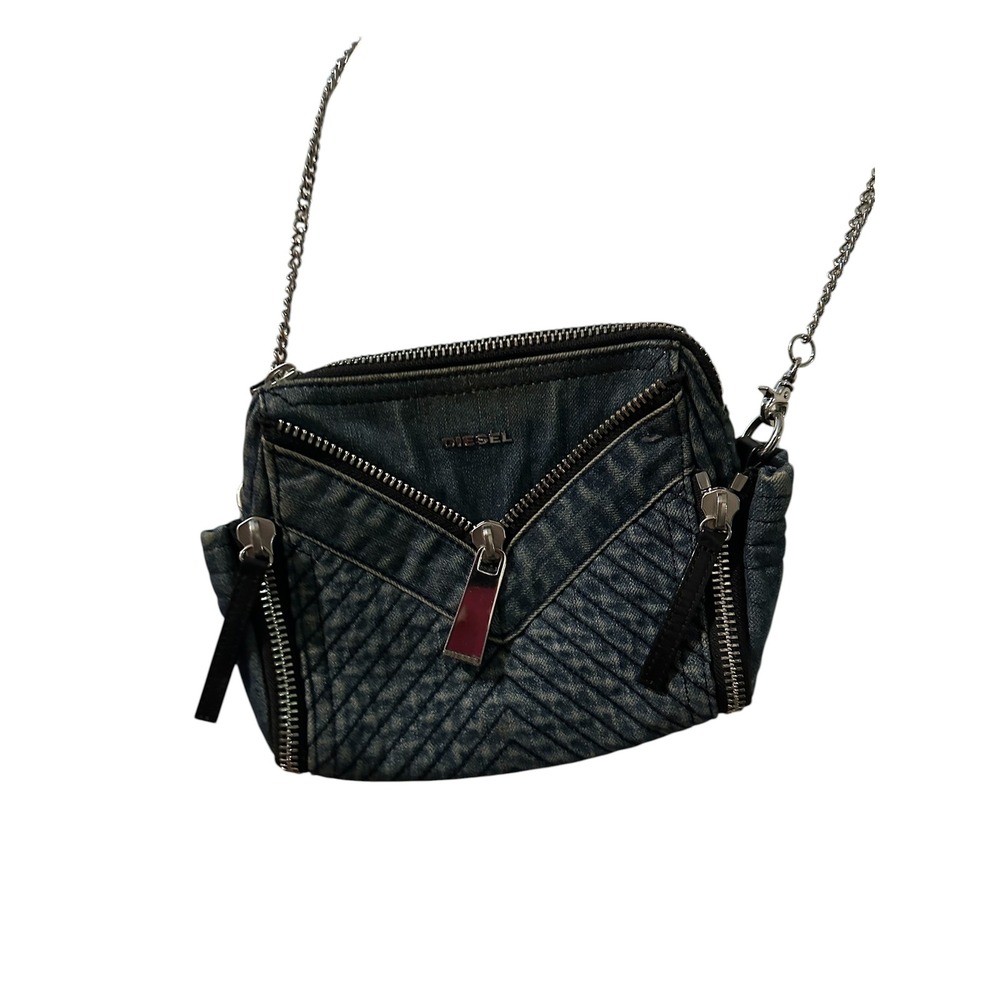 Diesel Blue Denim Quilted Crossbody Bag Silver Chain Strap Zippers